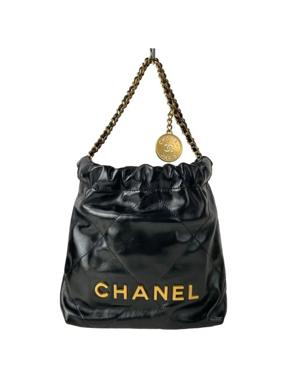 Chanel Handbag 22 Mini Black Chain Handle Vintage Gold Metal